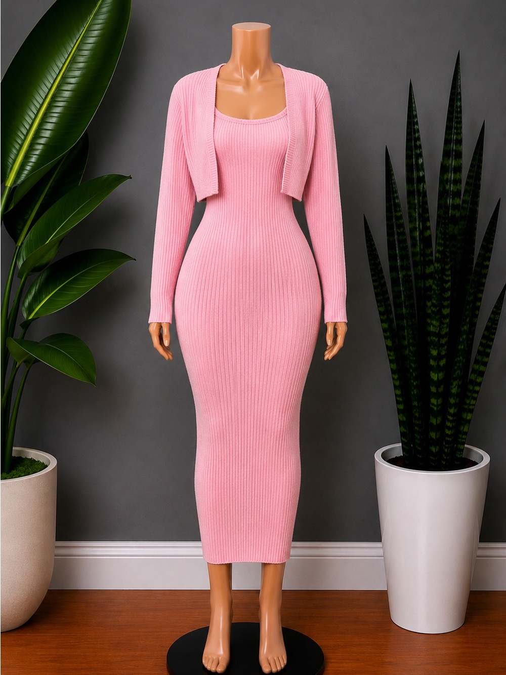 Forever 21 Pink Ribbed Maxi Dress with Matching Cropped Cardigan